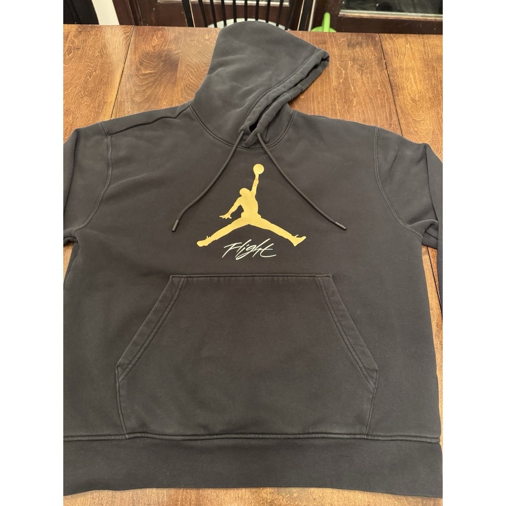 Nike Air Jordan Flight Hoodie Mens Medium Black Gold Jumpman Pullover Sweatshirt - Picture 2 of 6